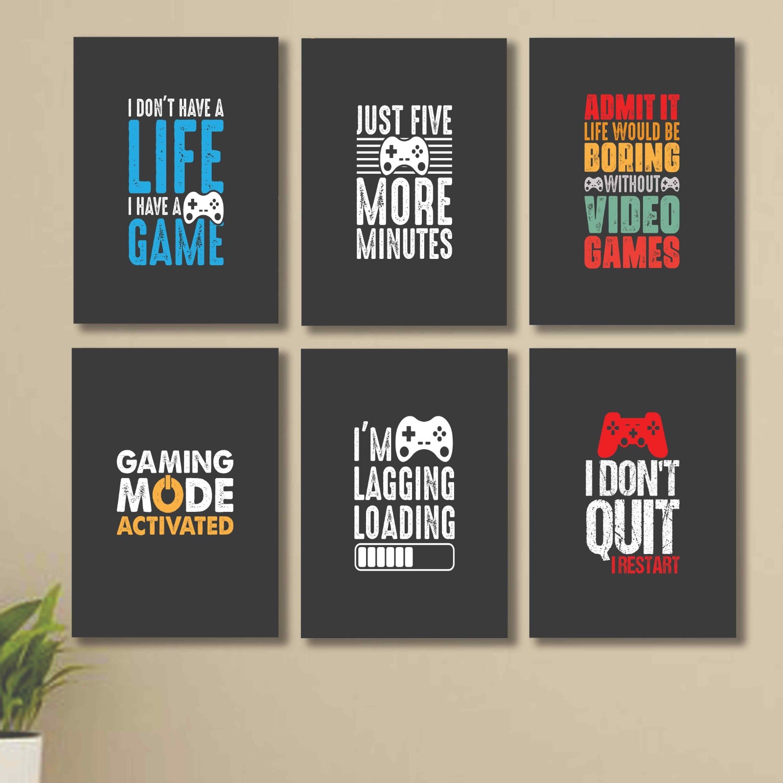 6 PC Wall Decor Cardboard Phototiles With Double Tape For Back Sticking Gaming Quotes(5*7size)